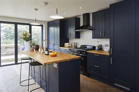 navy blue shaker style kitchen.